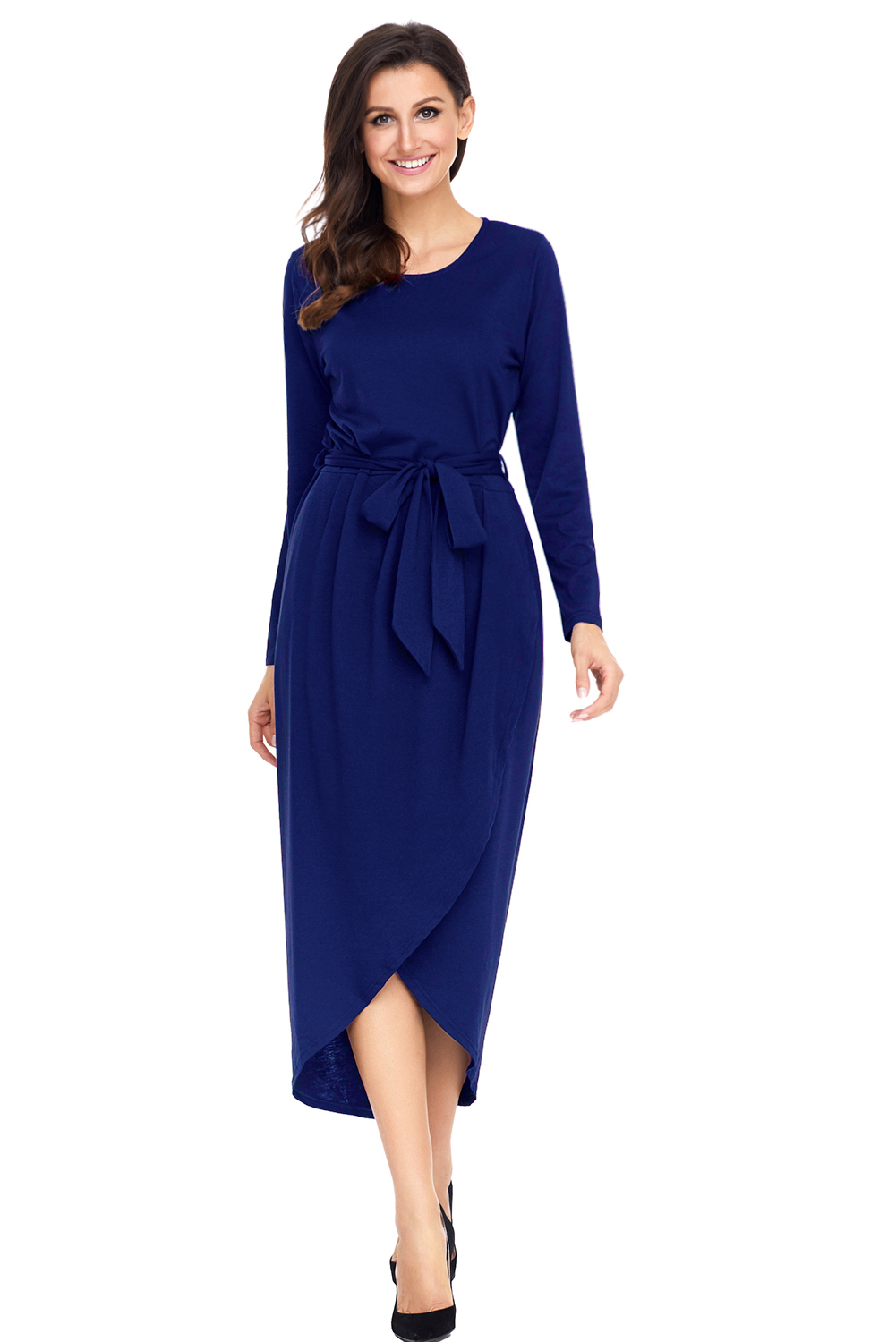 BY61818-5 Navy Tulip Faux Wrap Sash Tie Jersey Dress